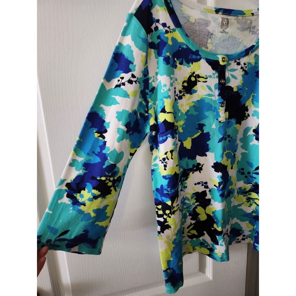 Anne klein‎ Women's Floral Top Round Neck Long Sleeve Cotton Blue Green Size XL - Picture 4 of 8
